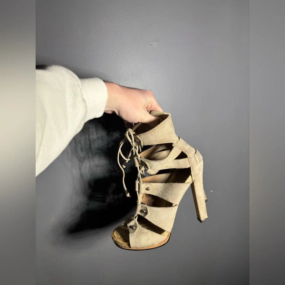 GUCCI Jasmine Beige Suede Lace Up Espadrille Heeled Sandals Size 39.5 - Picture 2 of 10